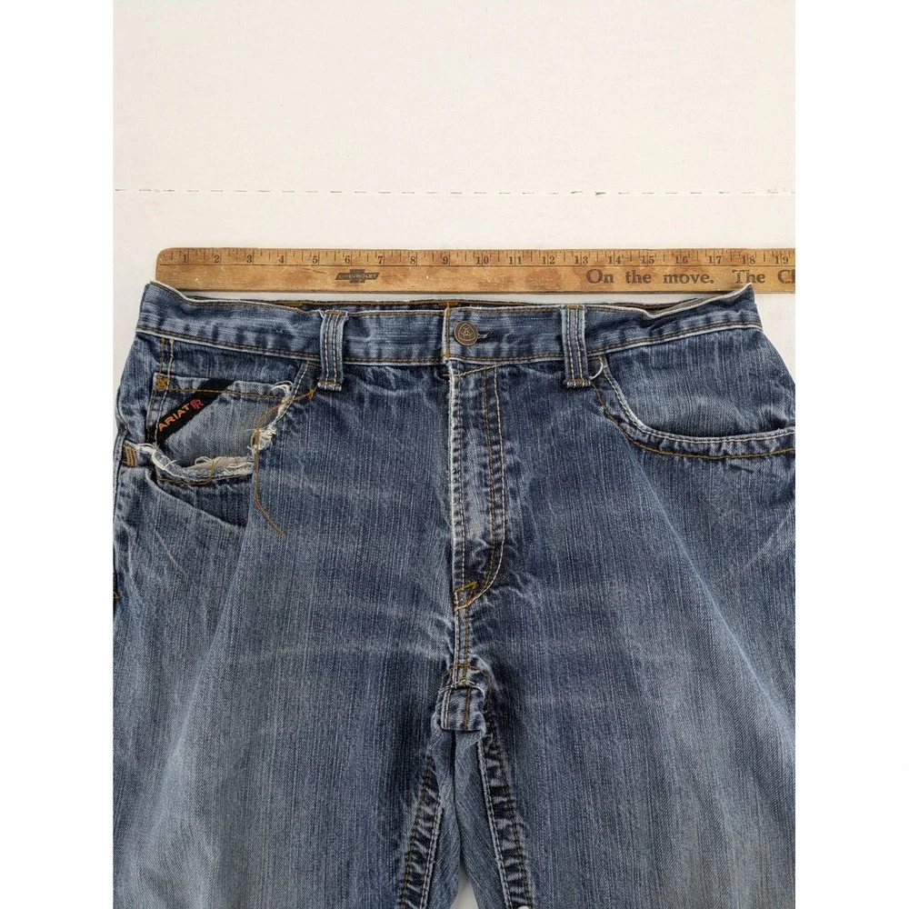 Ariat FR M4 Low Rise Boot Cut Jeans Mens 36x32 Blue Distressed Thrashed Workwear